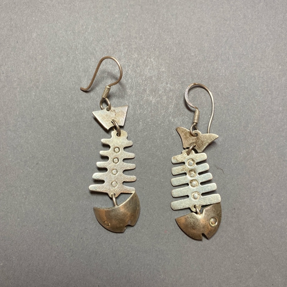 Vintage Mexico Sterling Silver Fish Skeleton Earrings
